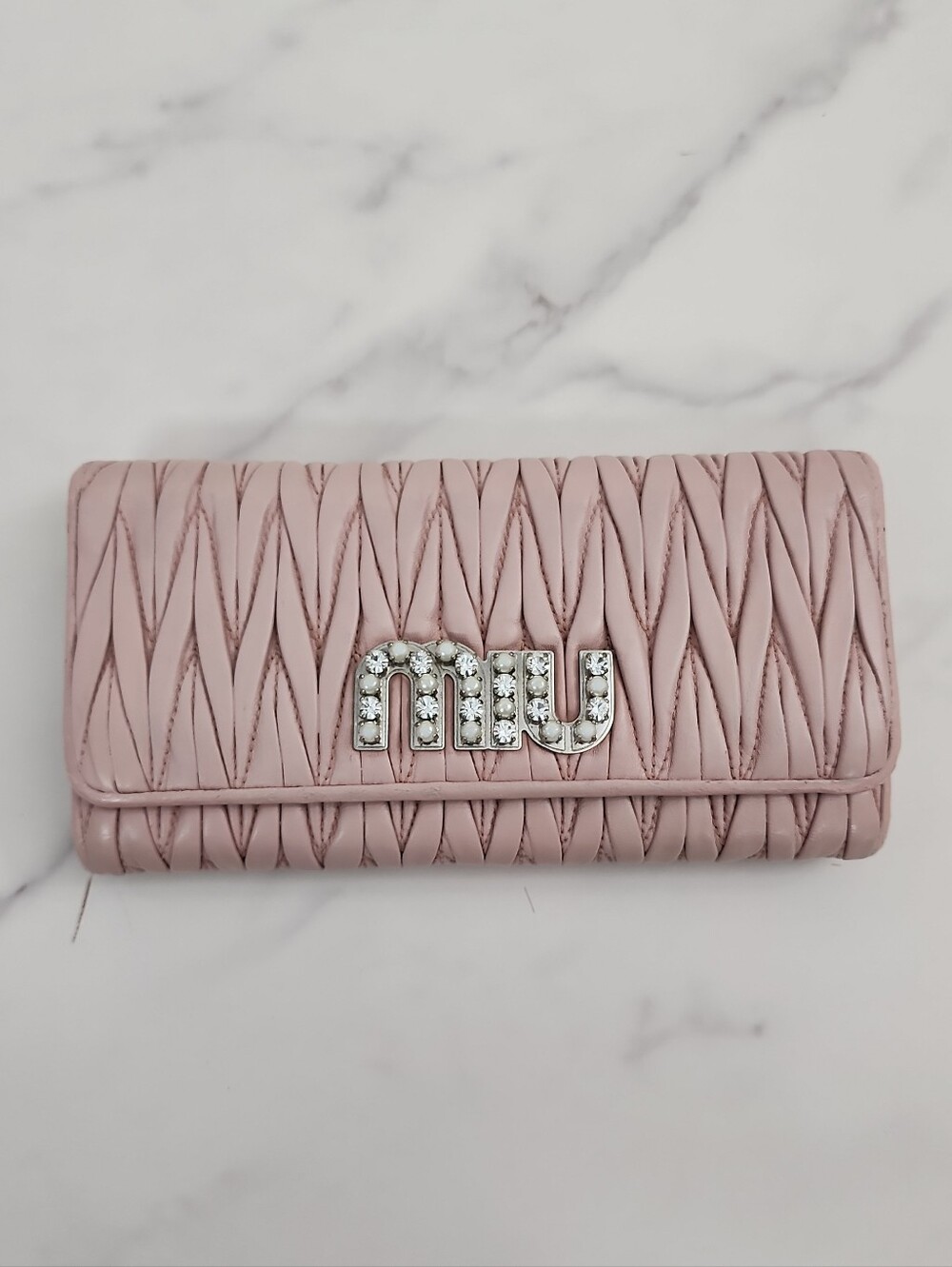 Authentic Light Pink Matelasse Leather Miu Miu Long Bifold Wallet